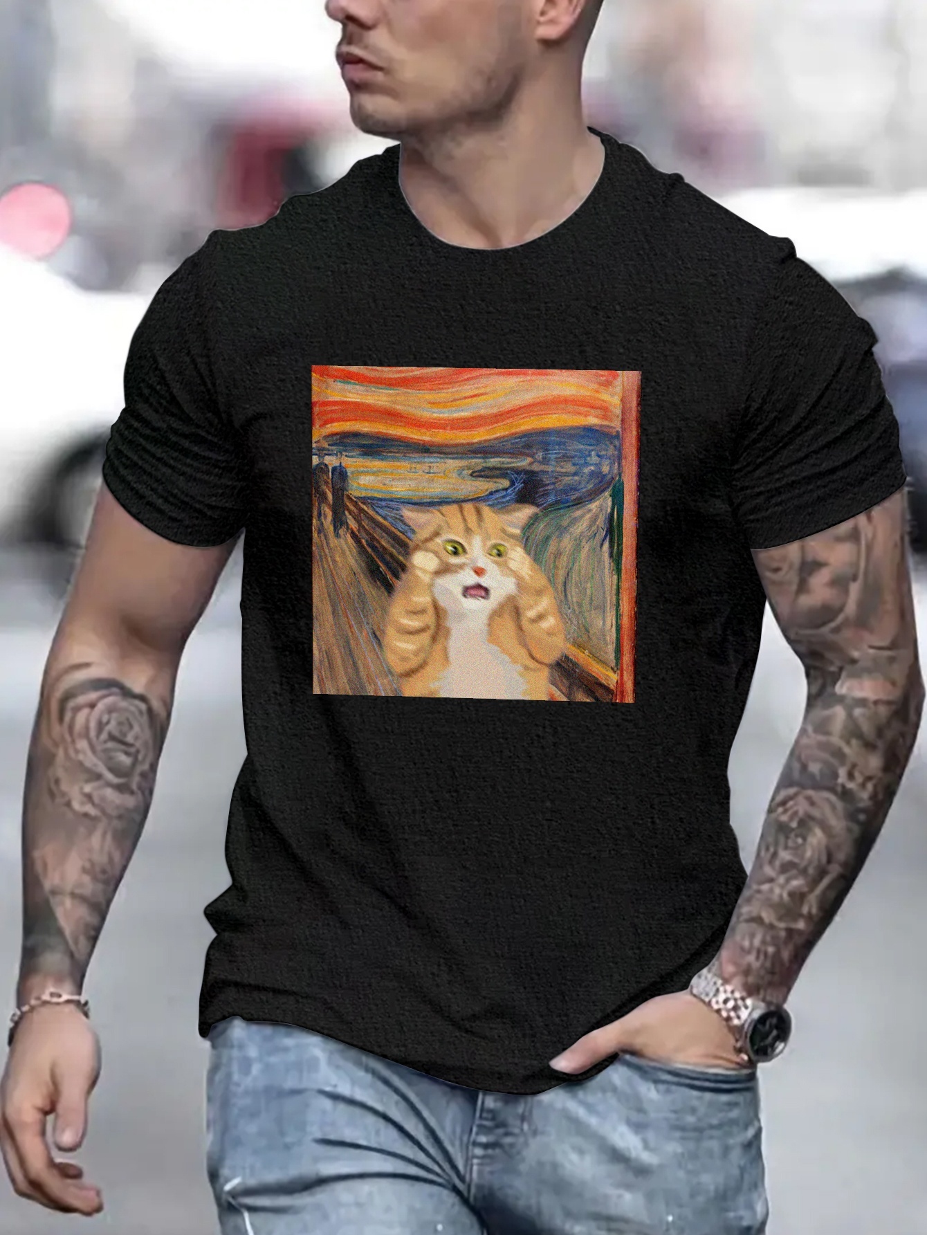 Camiseta De Manga Corta Con Cuello Redondo Para Hombre Camiseta Extragrande  Con Pintura Al Óleo De Gato Ropa Suelta Camisetas De Talla Grande Ropa  Informal Para Hombres Grandes Y Altos - Ropa