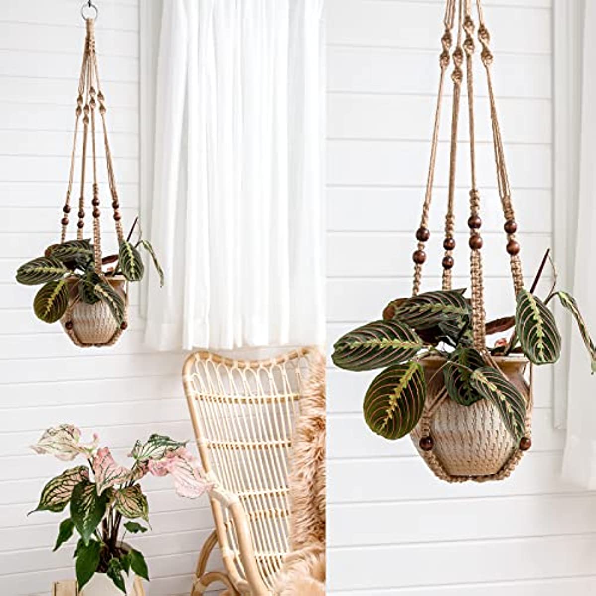 Cintre de plantes en macramé panier de jardinière suspendu intérieur avec  perles de bois porte-pot de fleurs décoratif