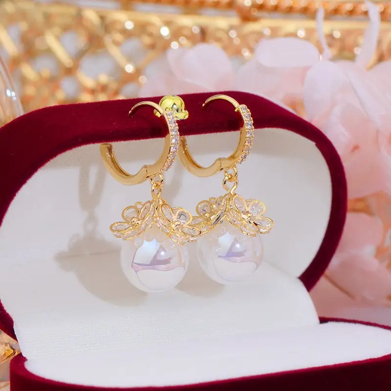 luxury flower zircon hoop earrings for women wedding engagement faux pearl dangle earrings valentines day gift details 2