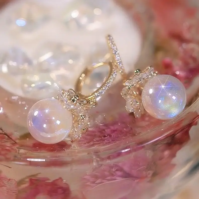 luxury flower zircon hoop earrings for women wedding engagement faux pearl dangle earrings valentines day gift details 3