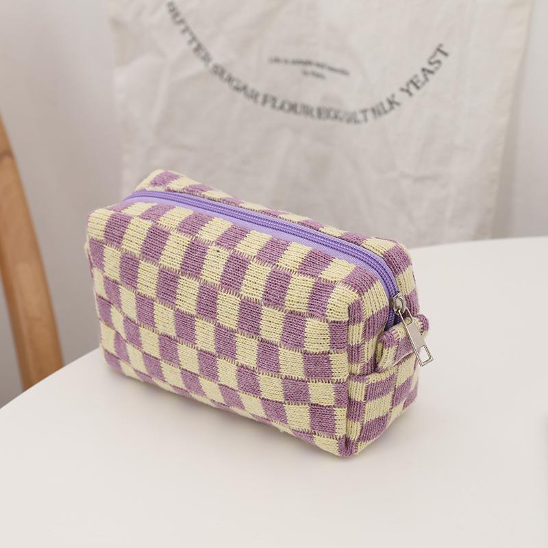 Portable Simple Plaid Cosmetic Bag, Lightweight Storage Makeup Bag