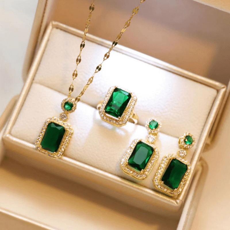 Inlaid Square Shape Zircon Jewelry, Jewels Set with Pendant Necklace & Drop Earrings & Finger Ring Temperament Jewelry Set,Temu