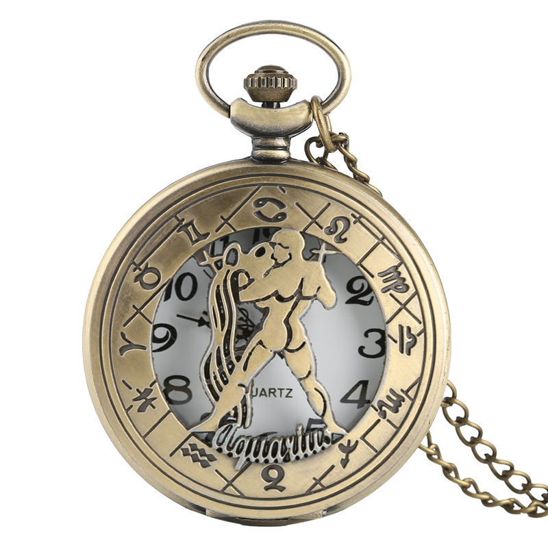 animal character hollow pocket watch vintage bronze round quartz watch pendant accessories necklace hanging chain flip clock aquarius 12