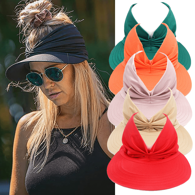 Women's Wide Brim Sun Hat Pleated Detail Elastic High Bun - Temu