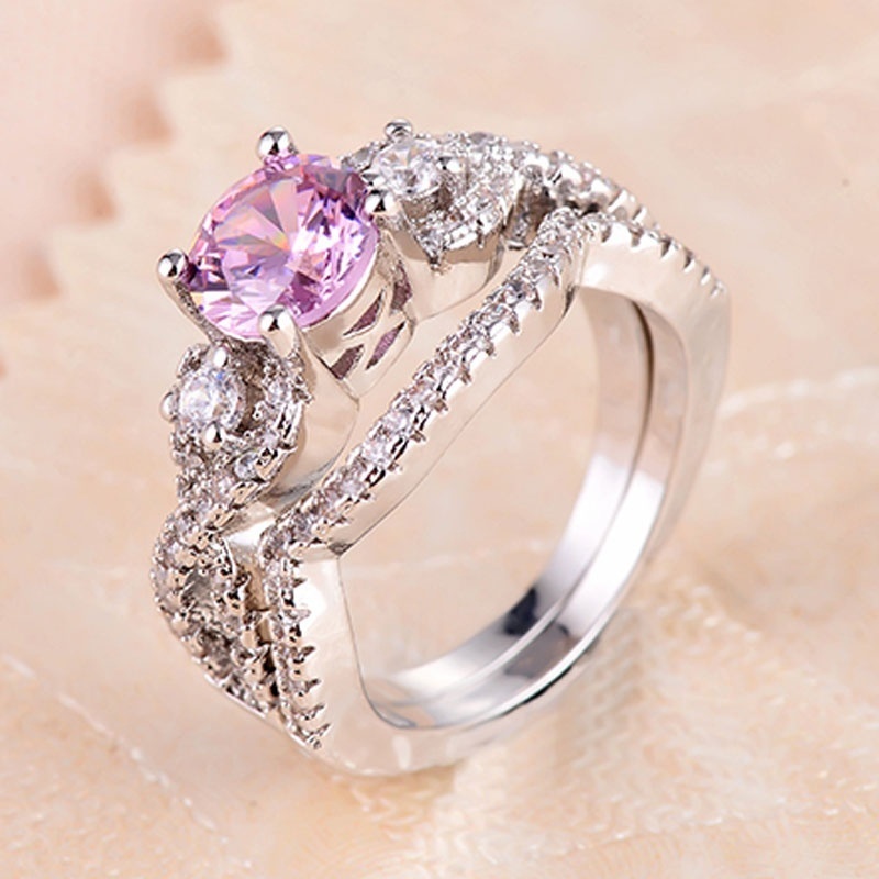 Lady 2PCS Simulated Diamond Ring Women's Pink Zircon Ring Set Engagement  Ring Wedding Band (Pink, 6)