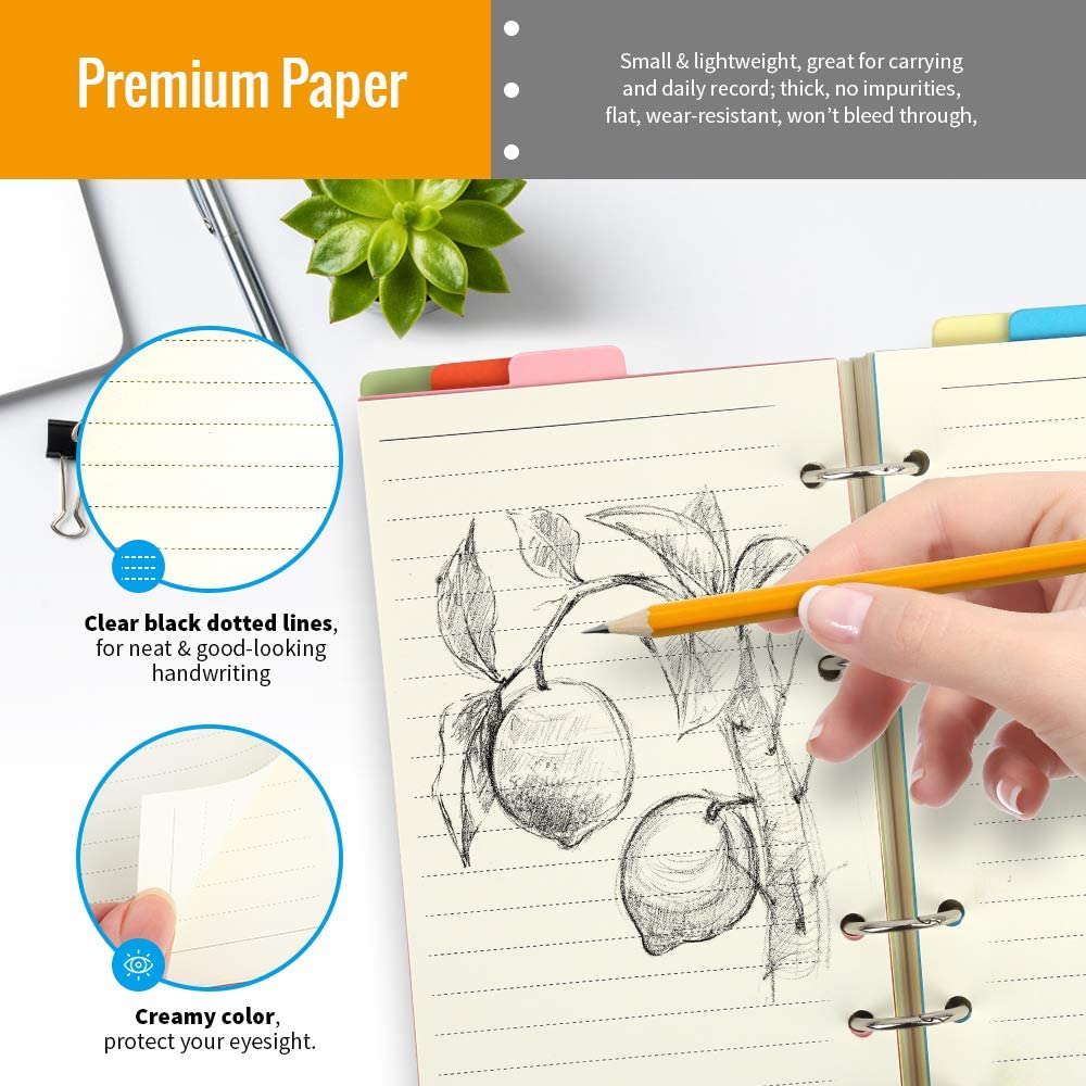  A6 Refill Paper, 3 Pack 45PCS A6 Loose Leaf Lined Paper, A6  Planner Inserts, College Ruled Notebook Paper, 6 Ring Writing Paper Refill  for A6 Small Binder Journal, with Binder