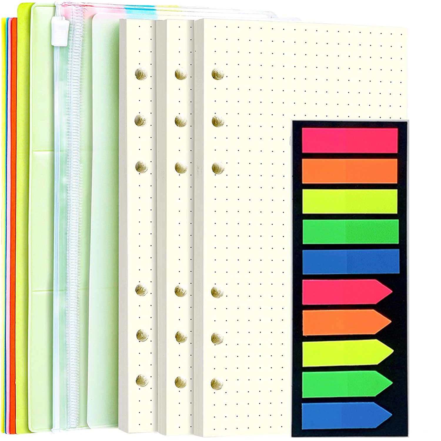 A6 Refill Paper, 100 Sheets Lined Paper, 6 Hole Punched - 5 Binder Dividers, 3 PVC Pouches, 160 Colored Index Tabs, 1 Quick Page Finder, for Filofax