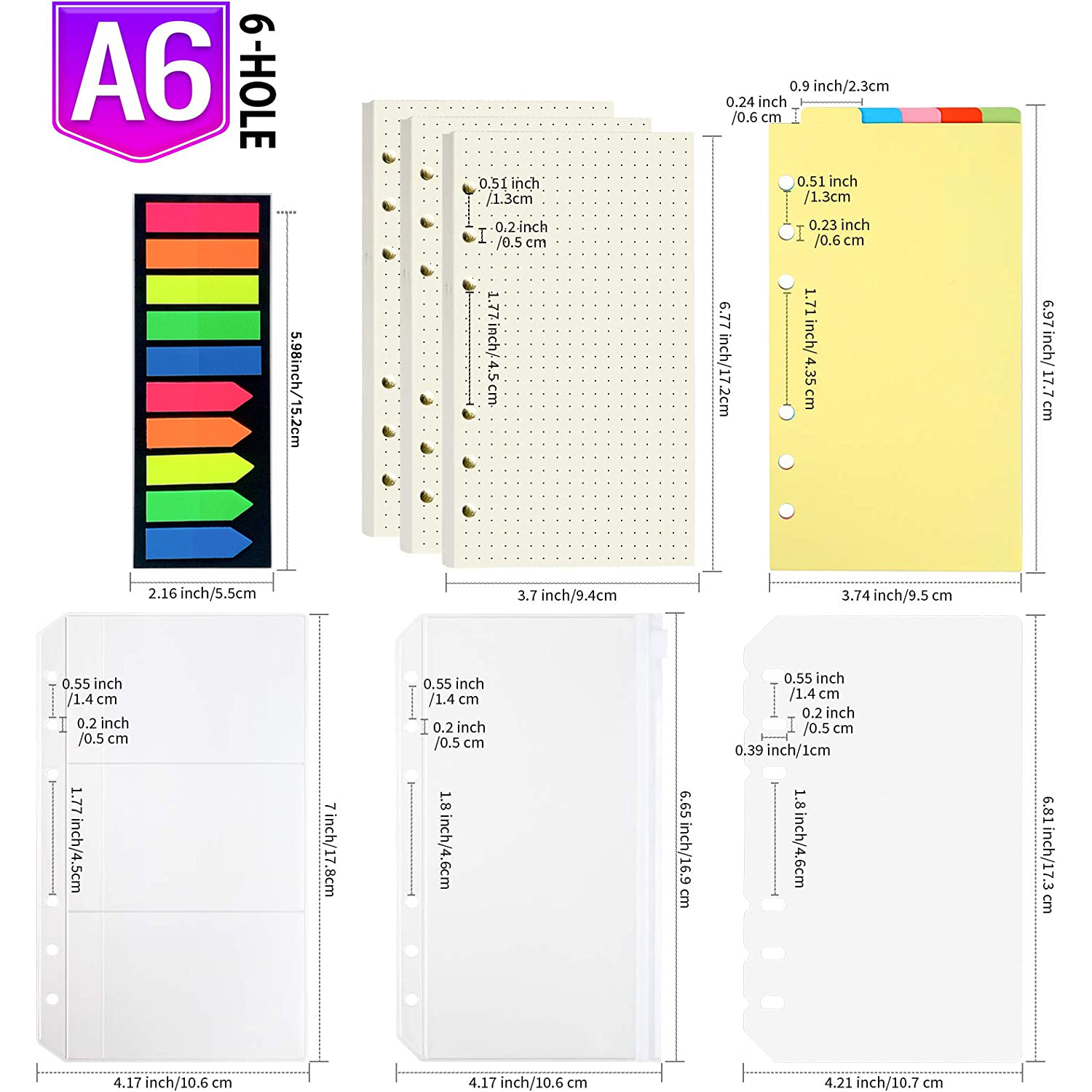 6-Pack Colored A6 Lined Binder Paper (240 Sheets/480 Pages), 6