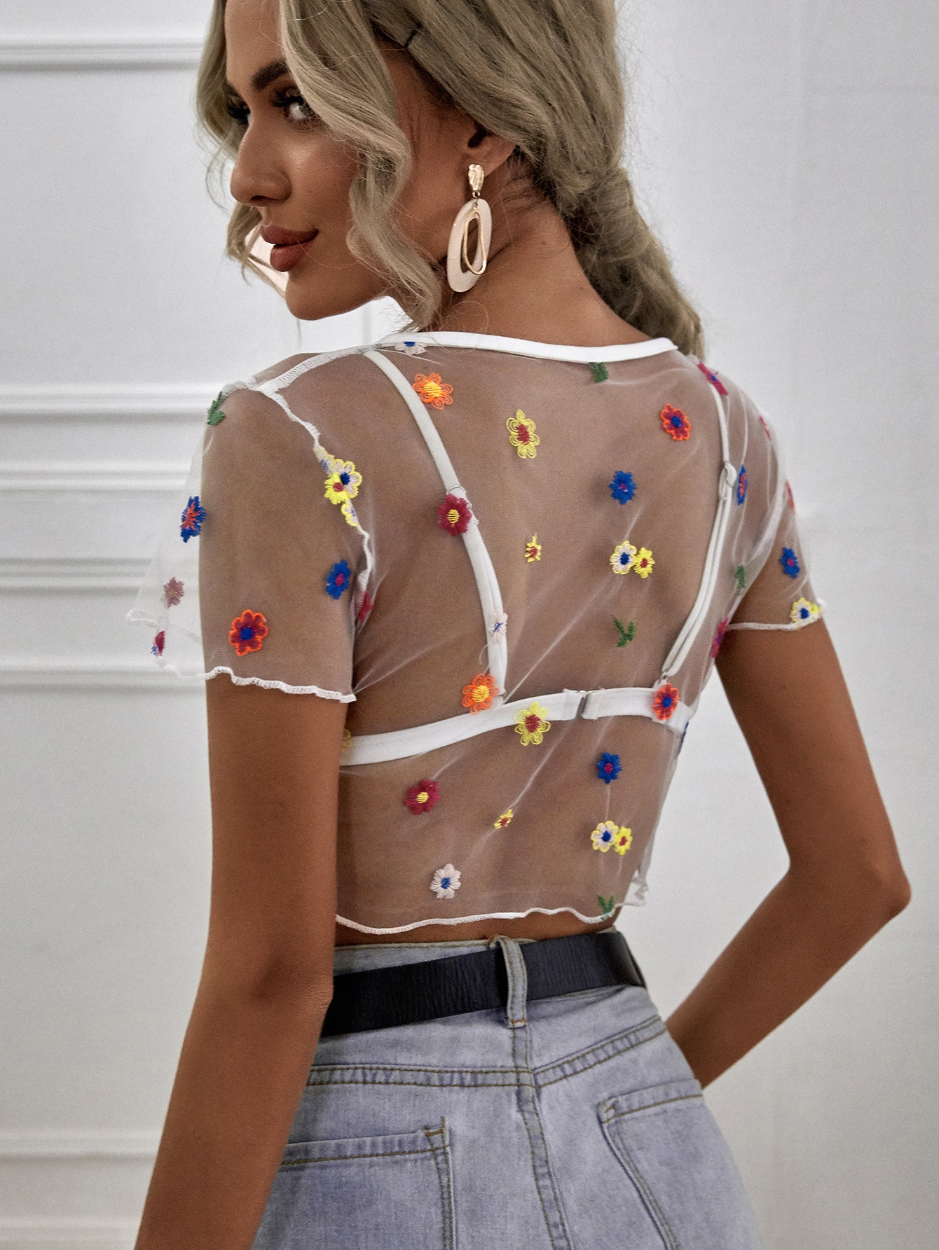 Floral Embroidered Mesh Crop Top Sexy See Crew Neck Short - Temu United  Kingdom