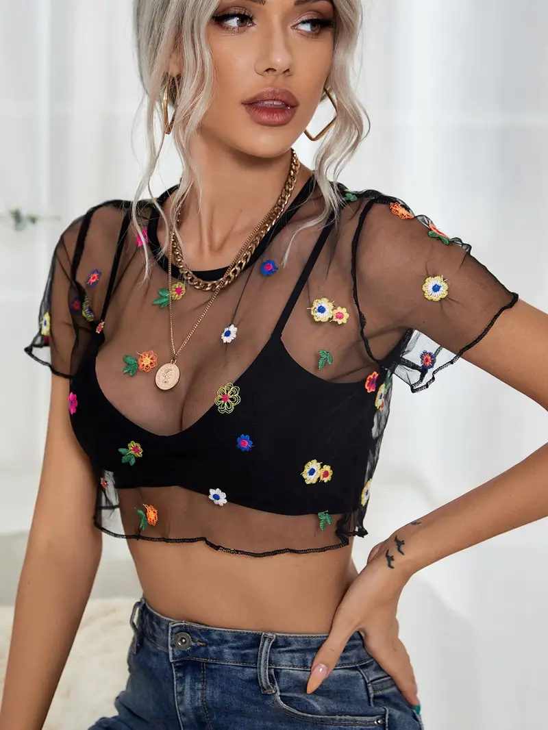 Floral Embroidered Mesh Crop Top, Sexy See Through Crew Neck Short Sleeve  Top, Women's Clothing