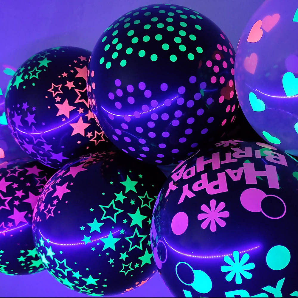 100pcs, UV Neon Balloons Decoration 12inch/30.36cm Dot Print Blacklight  Balloons Glow In The Dark UV Light Fluorescent Balloons Black Clear  Balloons B