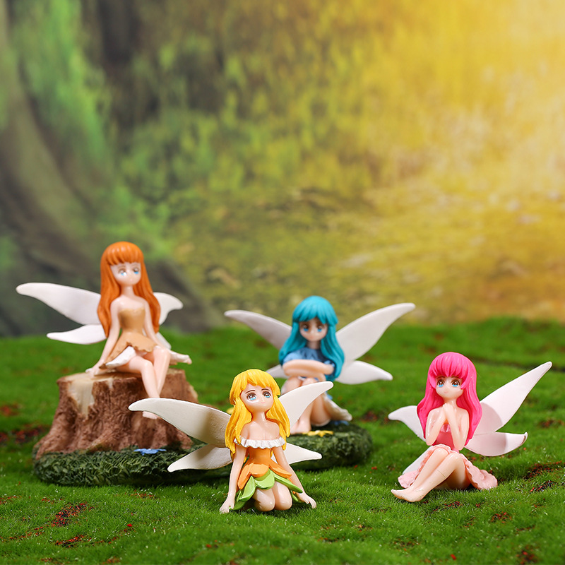 4pcs set Flower Fairy Pixie Fly Wing Miniatures Girl PVC Figurines Figurines Fairy Garden Accessories Dollhouse Ornament Garden Decoration