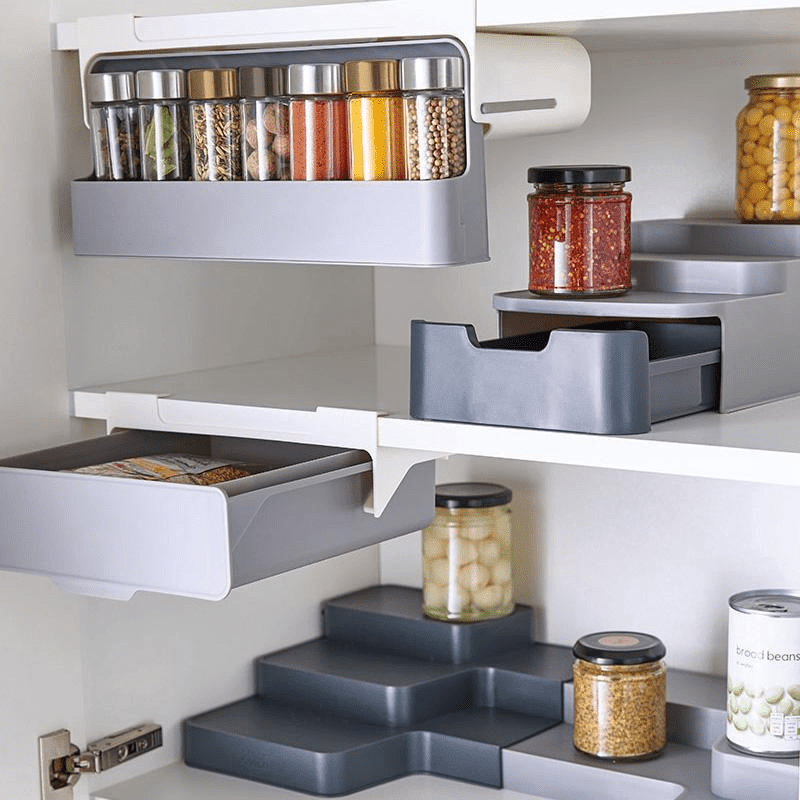 1set Multifunctional Double-layer Plastic Storage Rack, Pull-out Spice Jar  Storage Shelf For Kitchen Cabinet