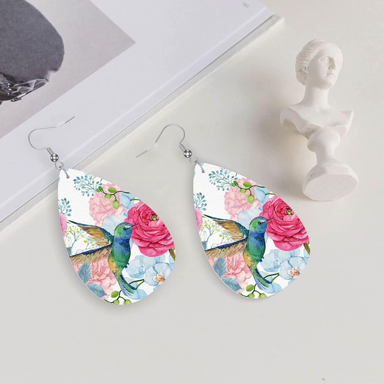 hummingbird flower earrings faux leather earring teardrop pu dangle party earrings for women details 1