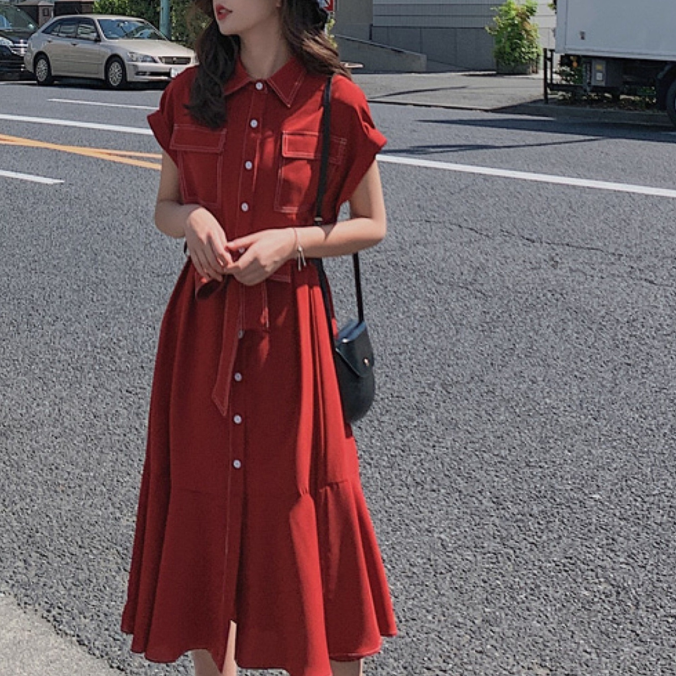 red-french-hepburn-dress-vintage-chiffon-shirt-dress-women-s-dresses