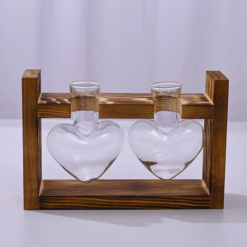 1pc Wooden Heart Shaped Glass Bottle Hydroponics Plantware Desktop Ornament Garden Flowerware