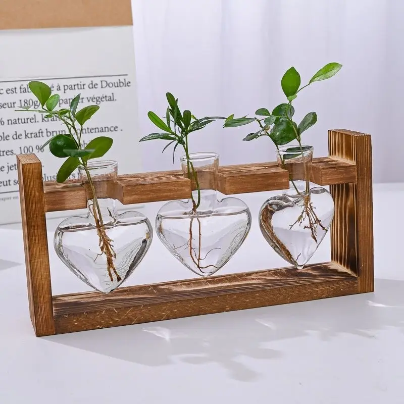 1pc Wooden Heart Shaped Glass Bottle Hydroponics Plantware Desktop Ornament Garden Flowerware