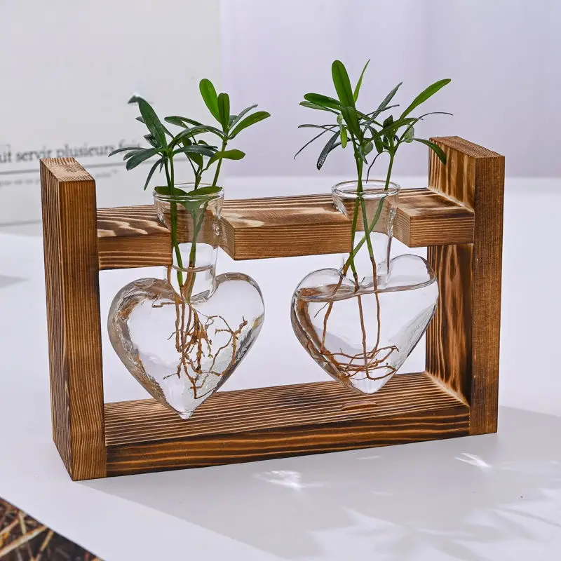 1pc Wooden Heart Shaped Glass Bottle Hydroponics Plantware Desktop Ornament Garden Flowerware