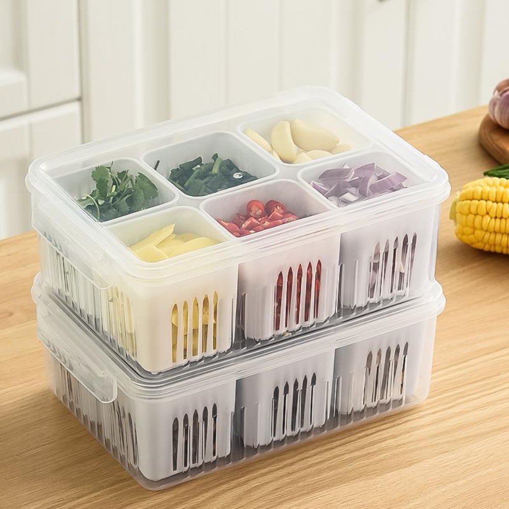 Cheer US 2 Grid Reusable Plastic Food Storage Containers with Lids, Refrigerator Crisper Box Fresh Snacks Fruit Storage Box for Produce,  Fruits, Vegetables, Meat and Fish 