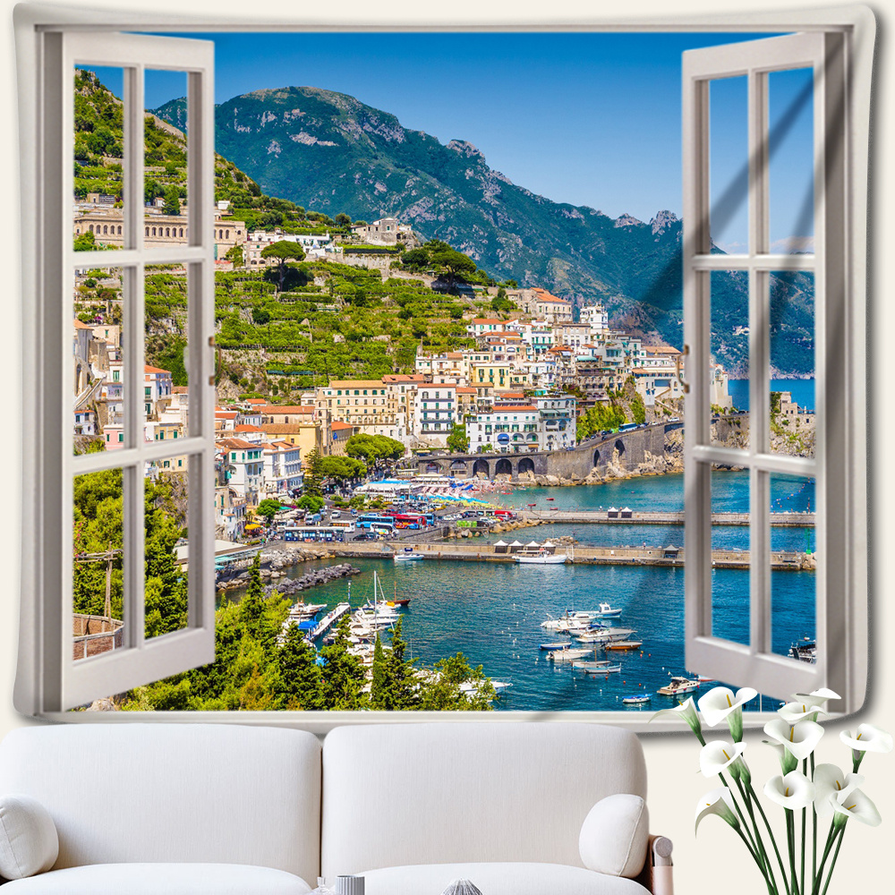 Window Frame Landscape Tapestry Wall Hanging Living Room Temu