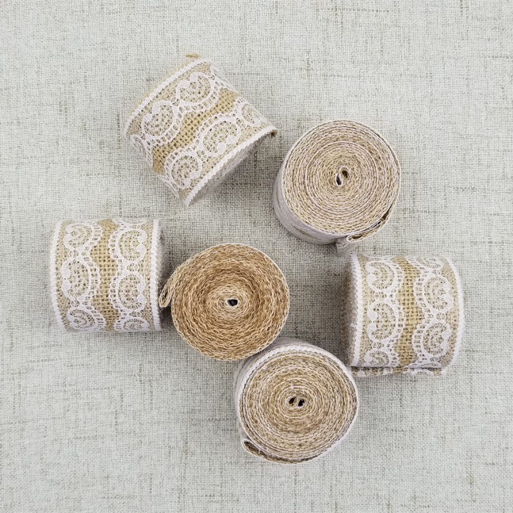 6 Natural 6 in Round Burlap and White Lace Jar Covers with Jute String