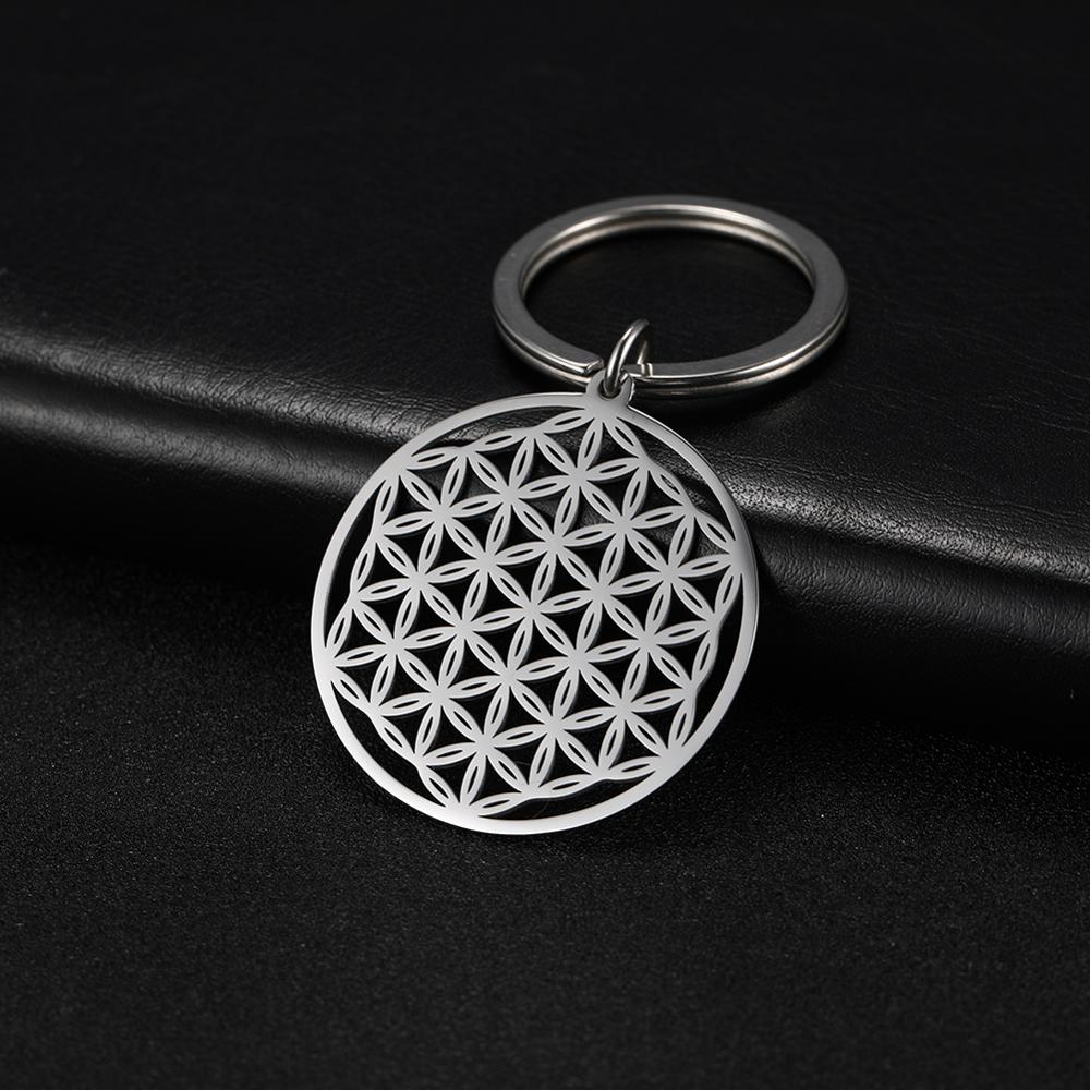 

1pc Flower Of Life Round Car Key Chain Finder Pendant For To Bag Talisman Amulet Viking Stainless Steel Keyring For Gift