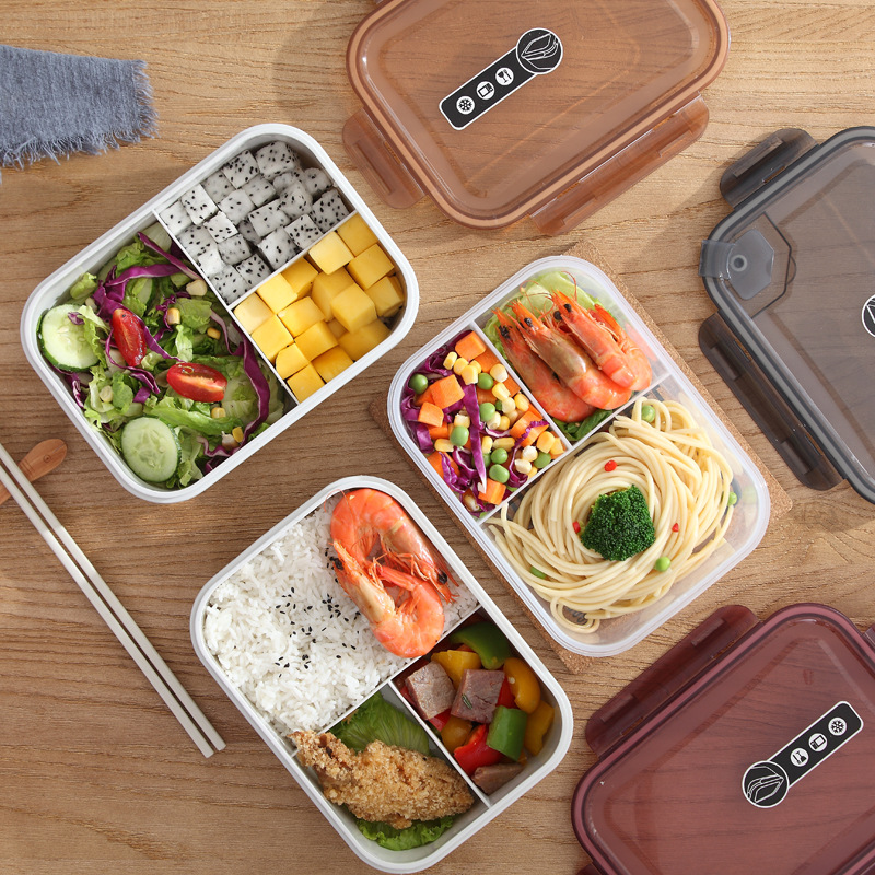 1set 800ml Three Grid Plastic Lunch Box With Bag & Utensils