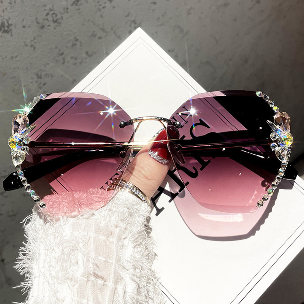 

Vintage Rimless Rhinestone Sunglasses Fashion Gradient Lens Sun Glasses Shades For Women