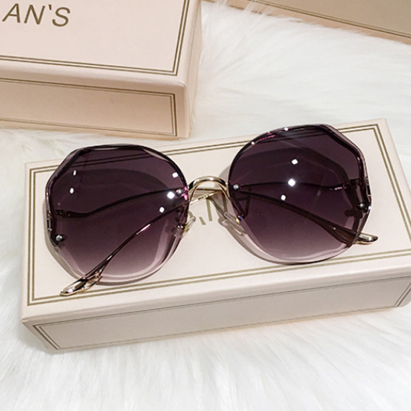 Ombre Lens Sunglasses Semi Rimless Round Frame Thin Metal Temple