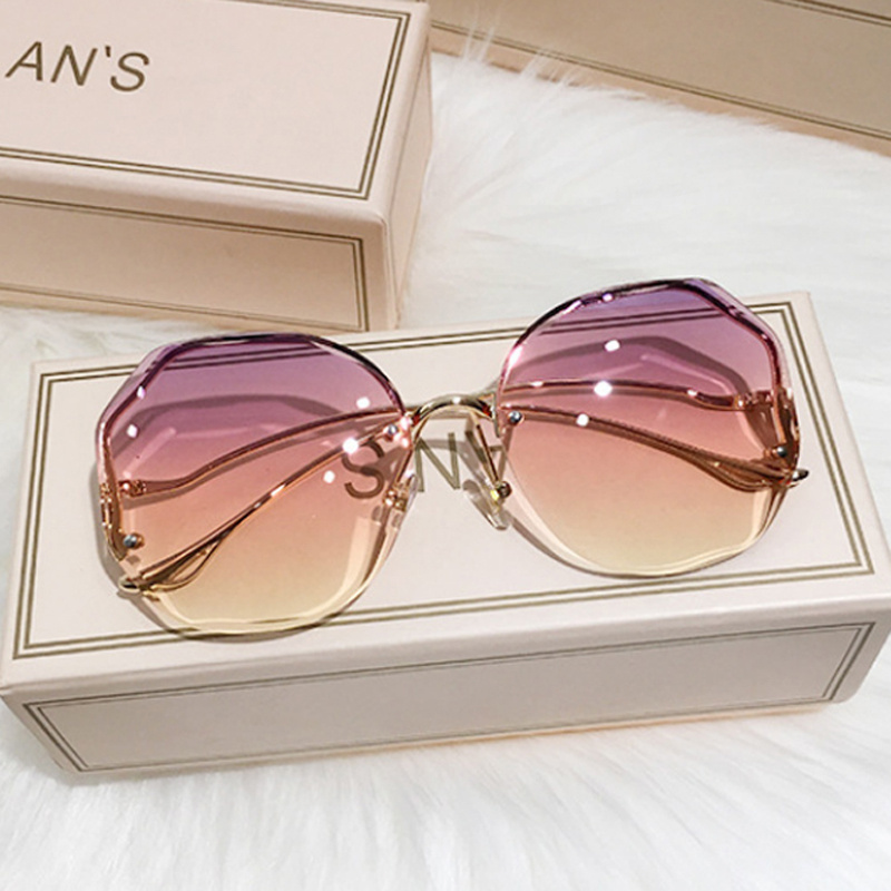 Ombre Lens Sunglasses Semi Rimless Round Frame Thin Metal Temple