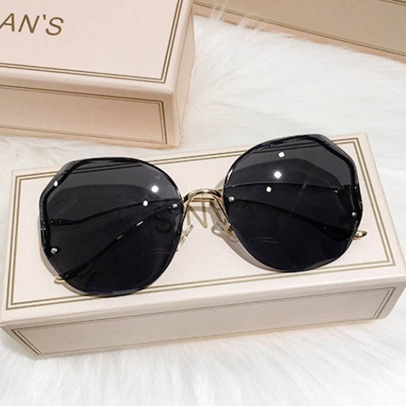 Ombre Lens Sunglasses Semi Rimless Round Frame Thin Metal Temple