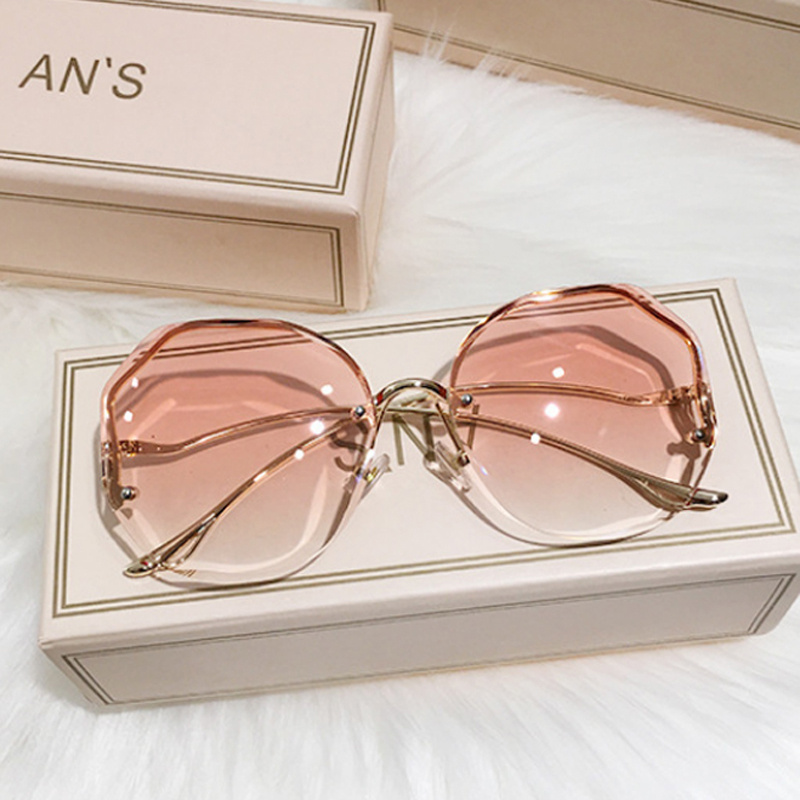 Ombre Lens Sunglasses Semi Rimless Round Frame Thin Metal Temple