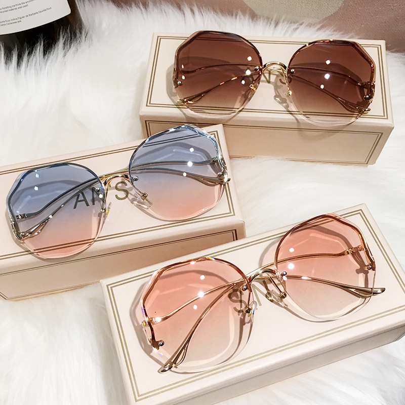 Ombre Lens Sunglasses Semi Rimless Round Frame Thin Metal Temple