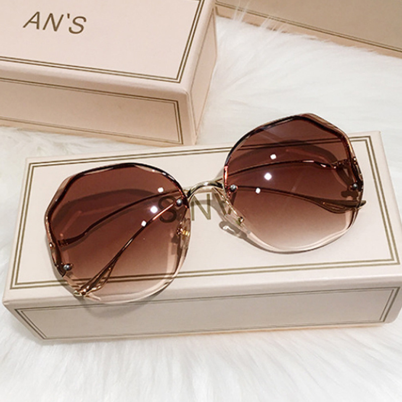 Ombre Lens Sunglasses Semi Rimless Round Frame Thin Metal Temple