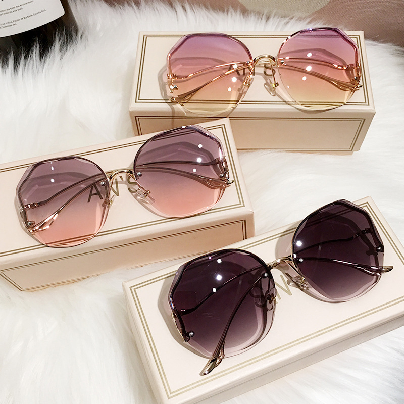 Ombre Lens Sunglasses Semi Rimless Round Frame Thin Metal Temple