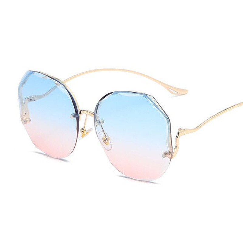 Ombre Lens Sunglasses Semi Rimless Round Frame Thin Metal Temple