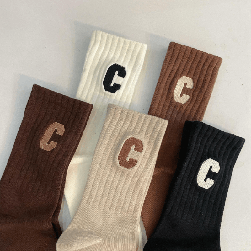 Ladies' Khaki Color Striped Mid-calf Socks With Letter Embroidery, Suitable  For Daily Wear