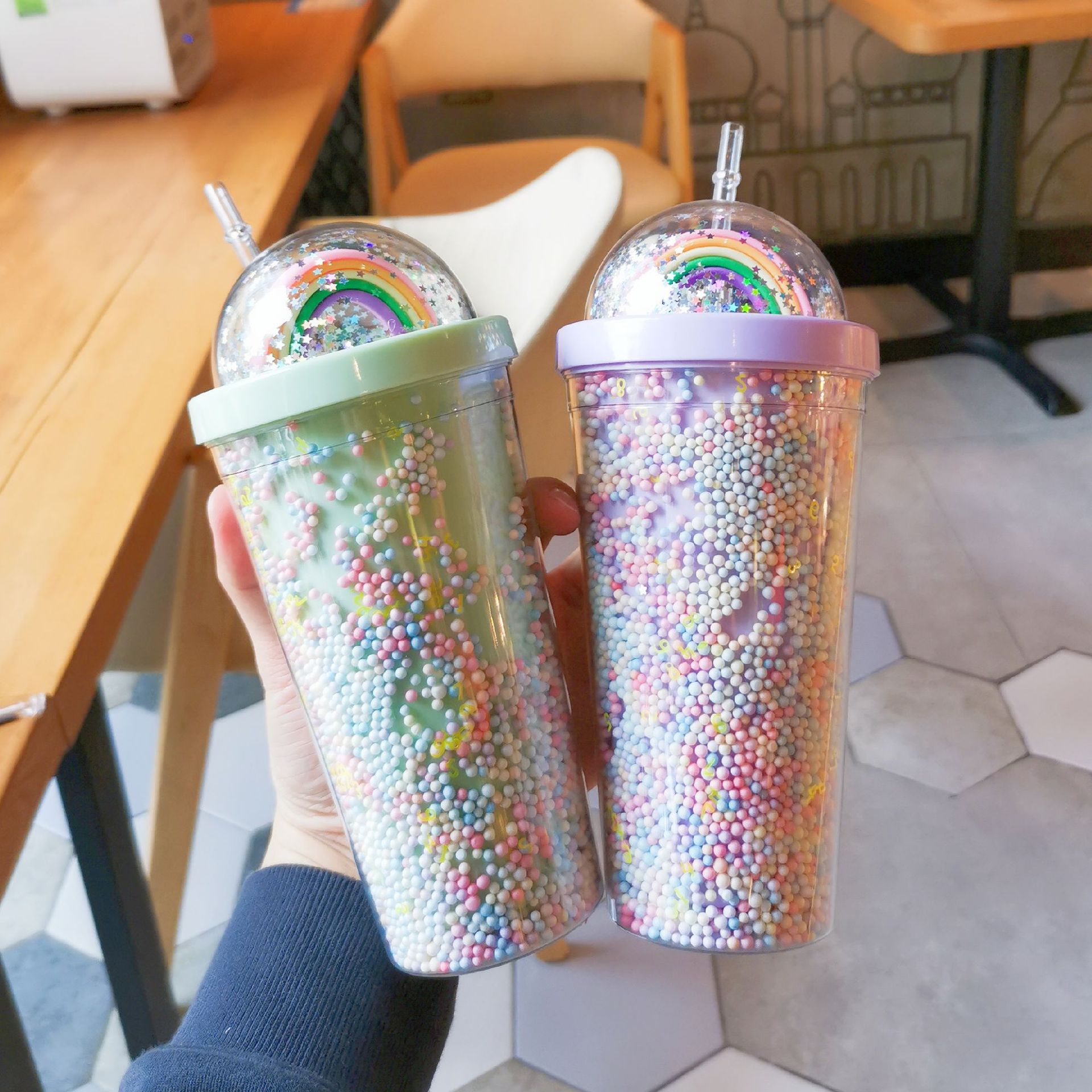 1pc Creative Rainbow Plastic Drinking Cup With Straw, Large Capacity Forest  Style Double-layered Bead Beverage Cup