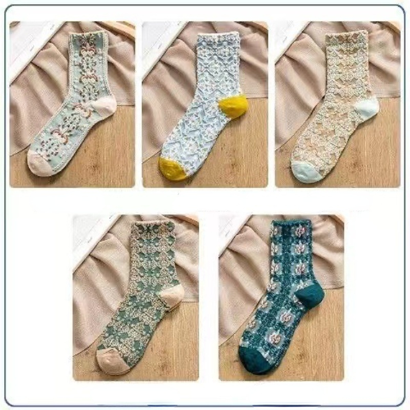 Vintage Embroidered Floral Socks 5 Pairs, 2023 Winter Thickened