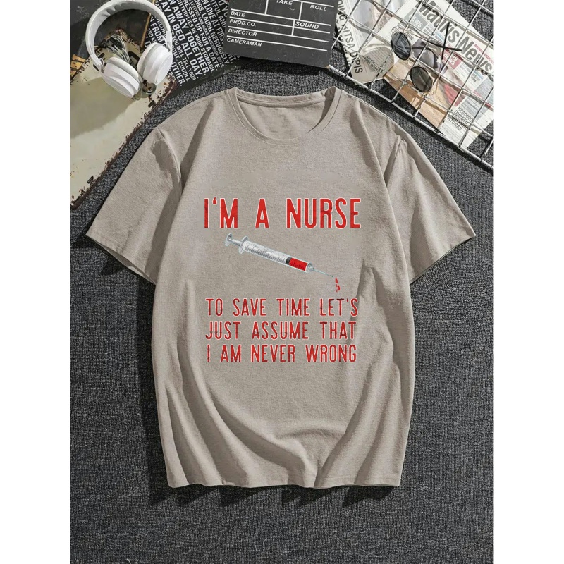 

Nurse Tee, Men's Casual Crew Neck T-shirt For Summer, Plus Size Top