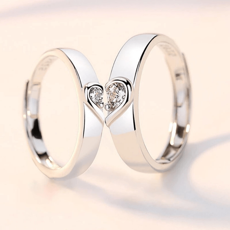 2 Pcs Love Heart Wedding Ring Adjustable Opening Couple Rings Jewelry  Engaged Gift