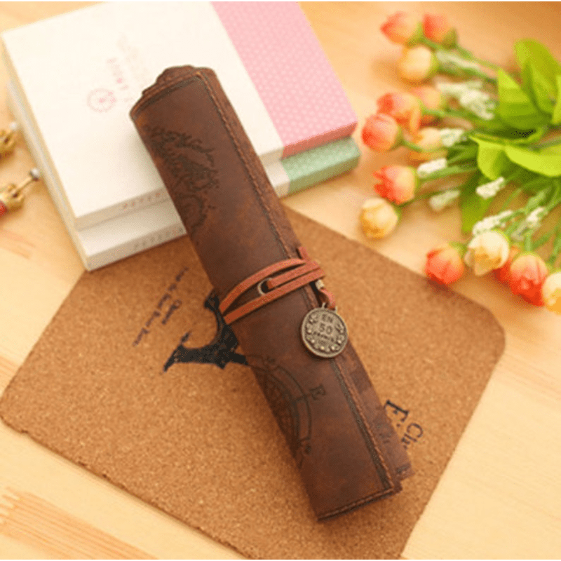 ECHSRT Leather Pencil Case Roll Up Bag Pencil Pouch Wrap Foldable Tool Roll  Supplies Art Stuff Organizer Vintage Gift for Office Artist Adults, Brown