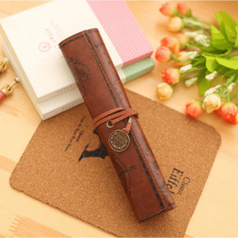 Handmade Genuine Leather Pen Pouch Vintage Roll-up Pencil Case Bag