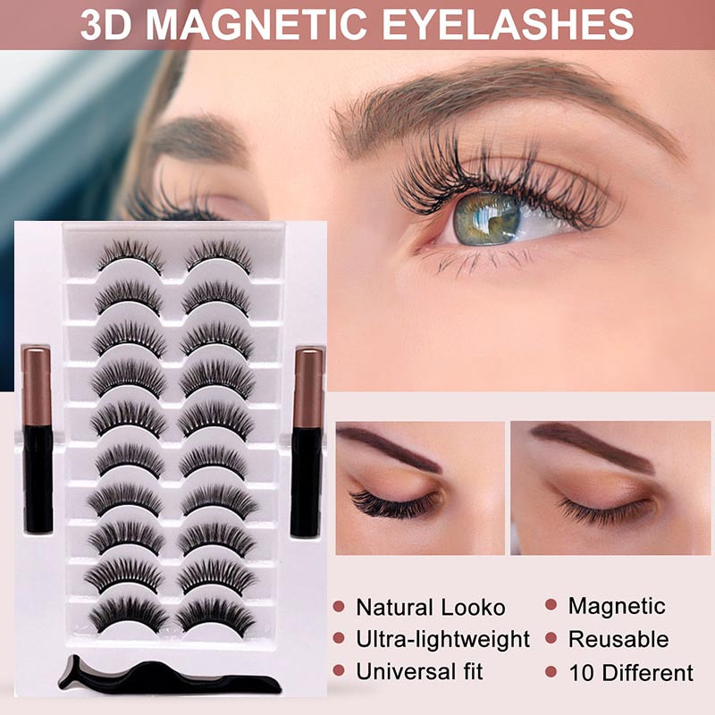 10 Pairs Natural Magnetic Eyelashes with Tweezers Self Adhesive