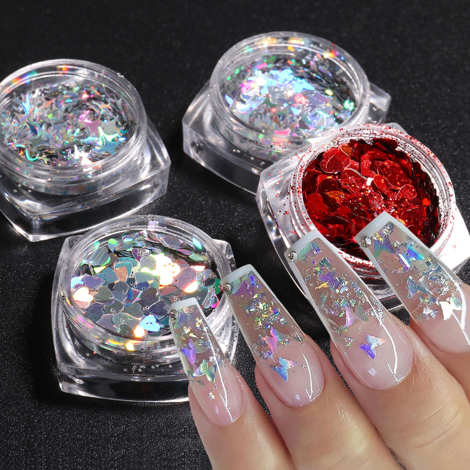 3d Heart Nail Glitter Sequins Holographic Laser Heart Nail - Temu