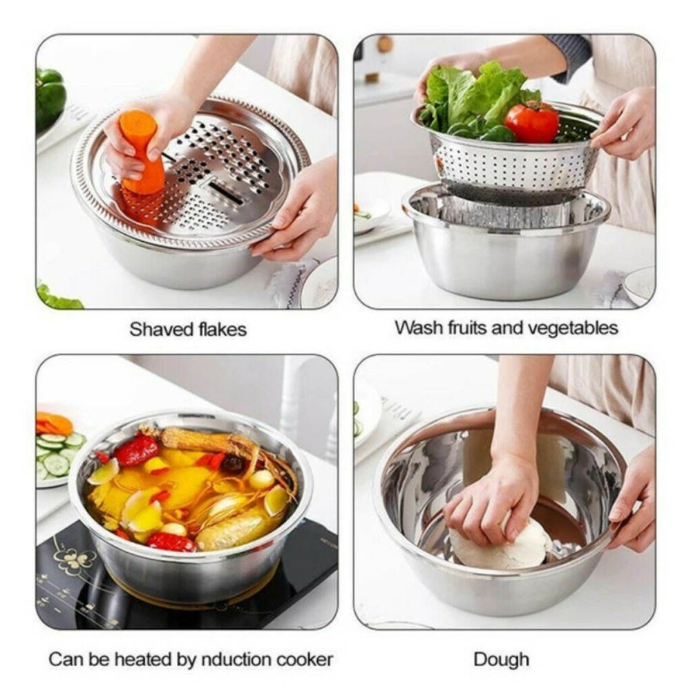 3Pcs/Set Multifunctional Kitchen Tool Grater Strainer Stainless Steel  Vegetables Fruits Graters Drain Basin Rice Washing Filter