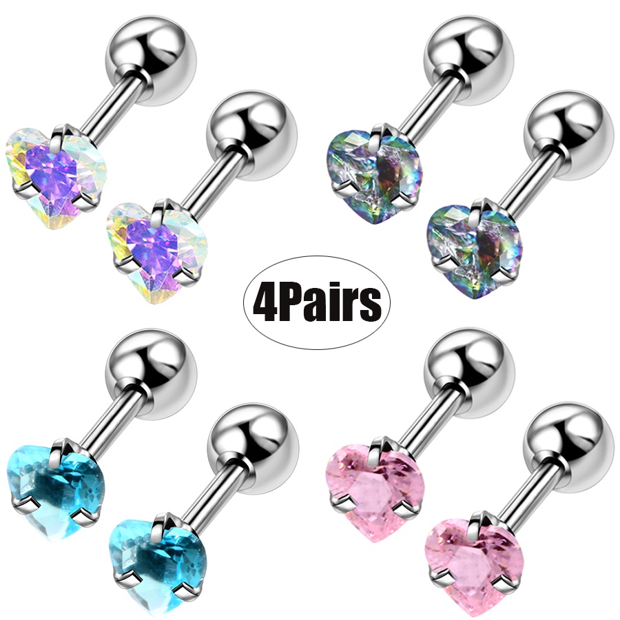 4 Pairs Heart Shape Sparkling Zircon Stud Earrings Set
