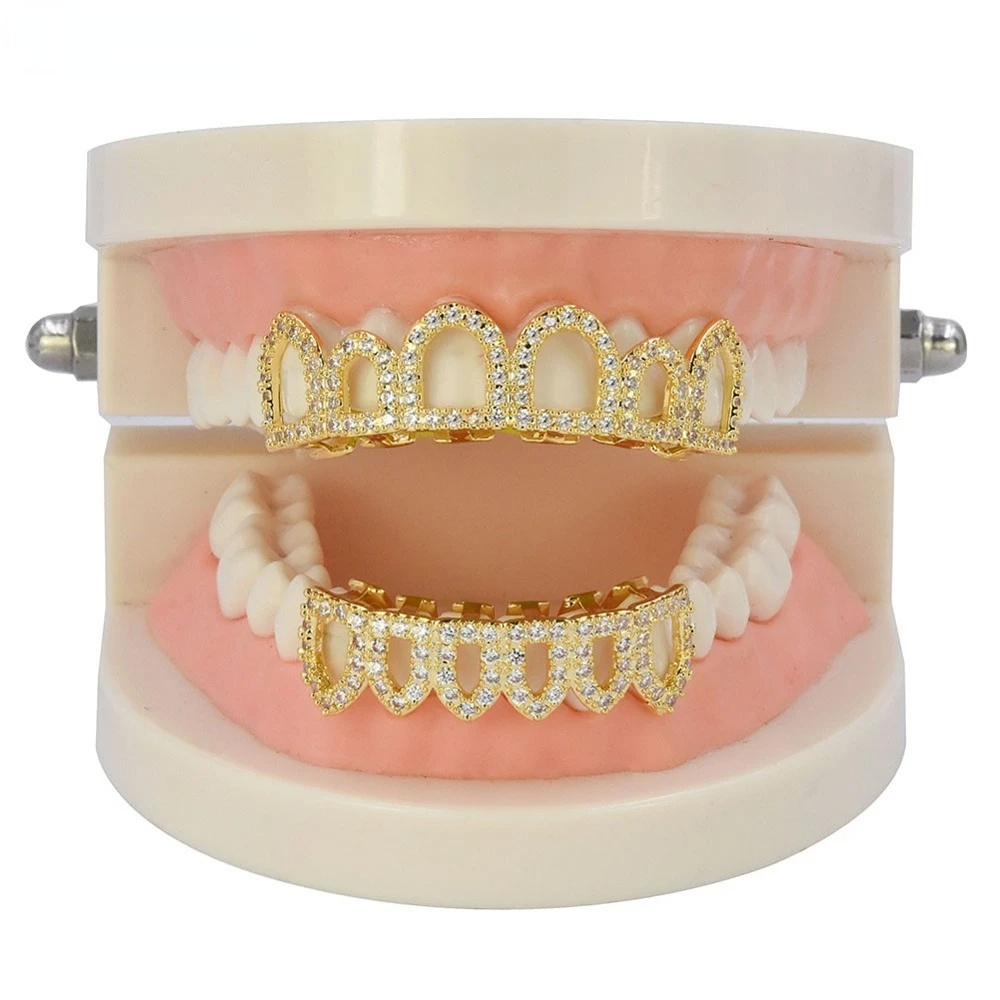 Grillz de dents CZ glacé plaqué or et argent pour unisexe