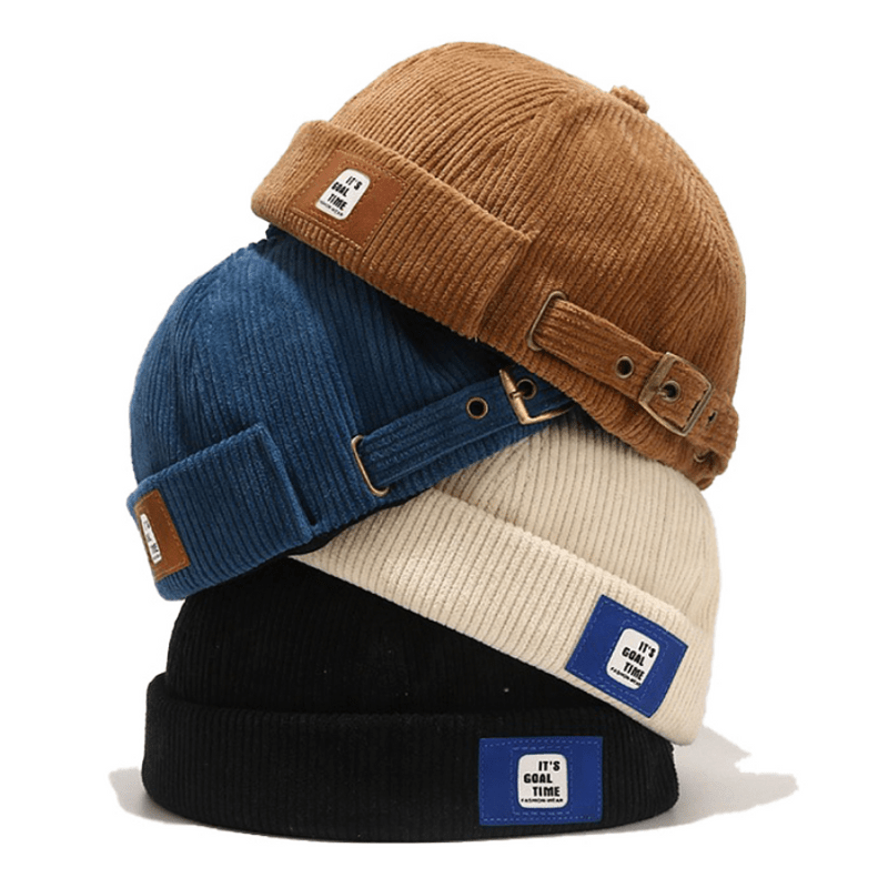 Rolled-edge Letter Patched Corduroy Hat, Buckle Decor Ribbed Brimless ...
