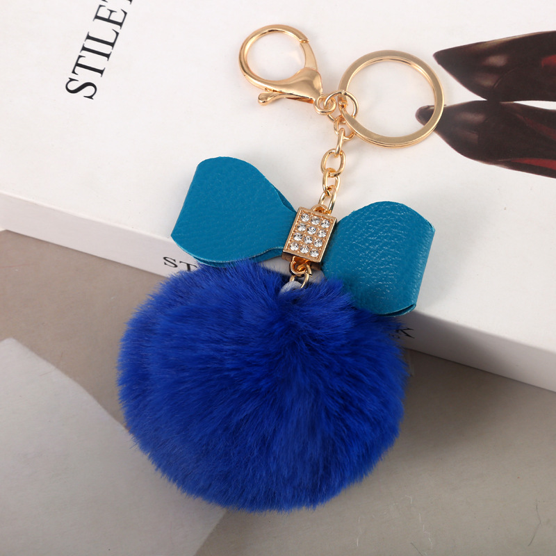 Rhinestone Shoe Shape Faux Fur Pompom Key Chain and Bag Charm Blue